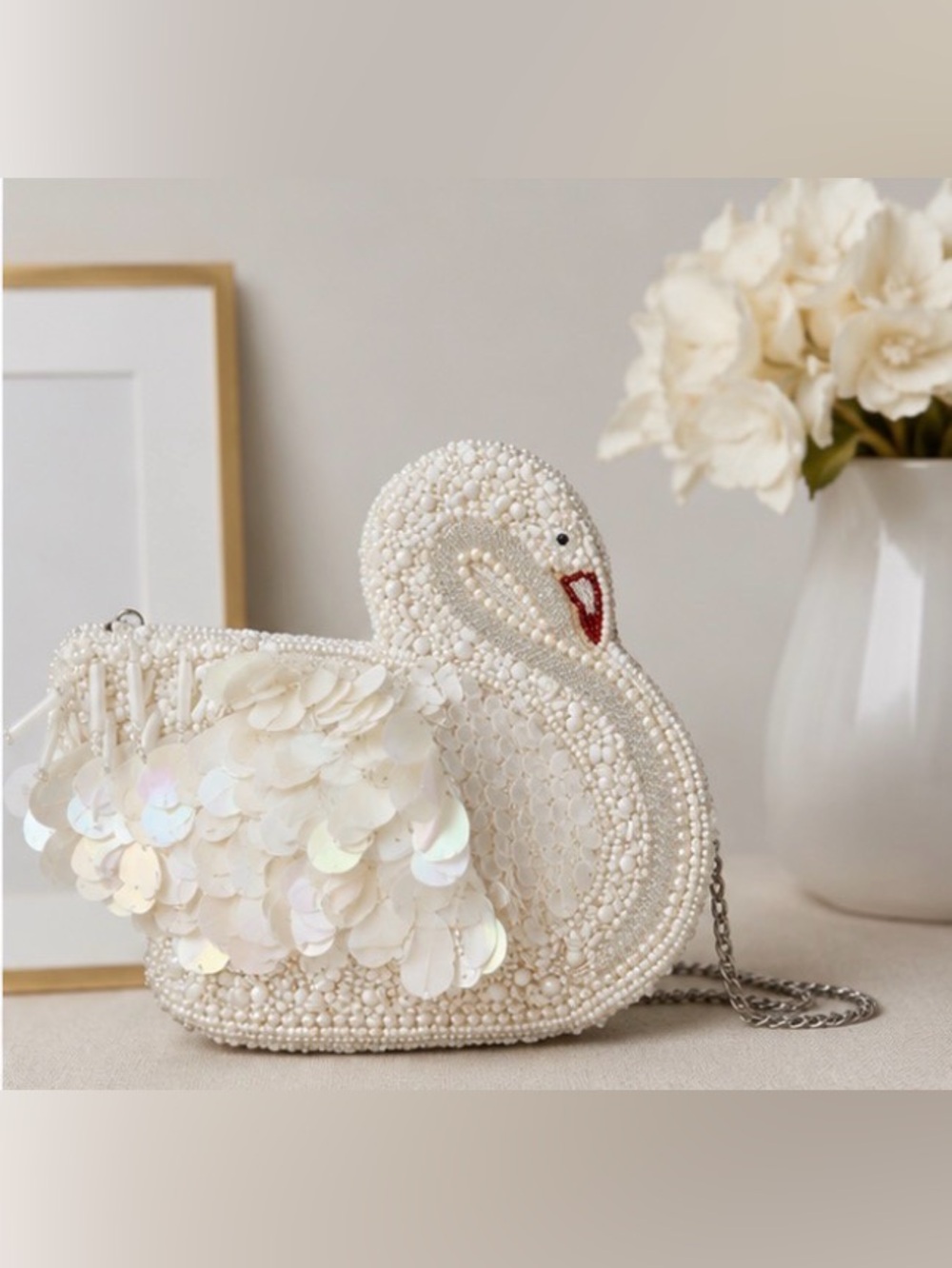 From India to You Beaded White Swan Crossbody Bag Pearl Sequin Evening Clutch